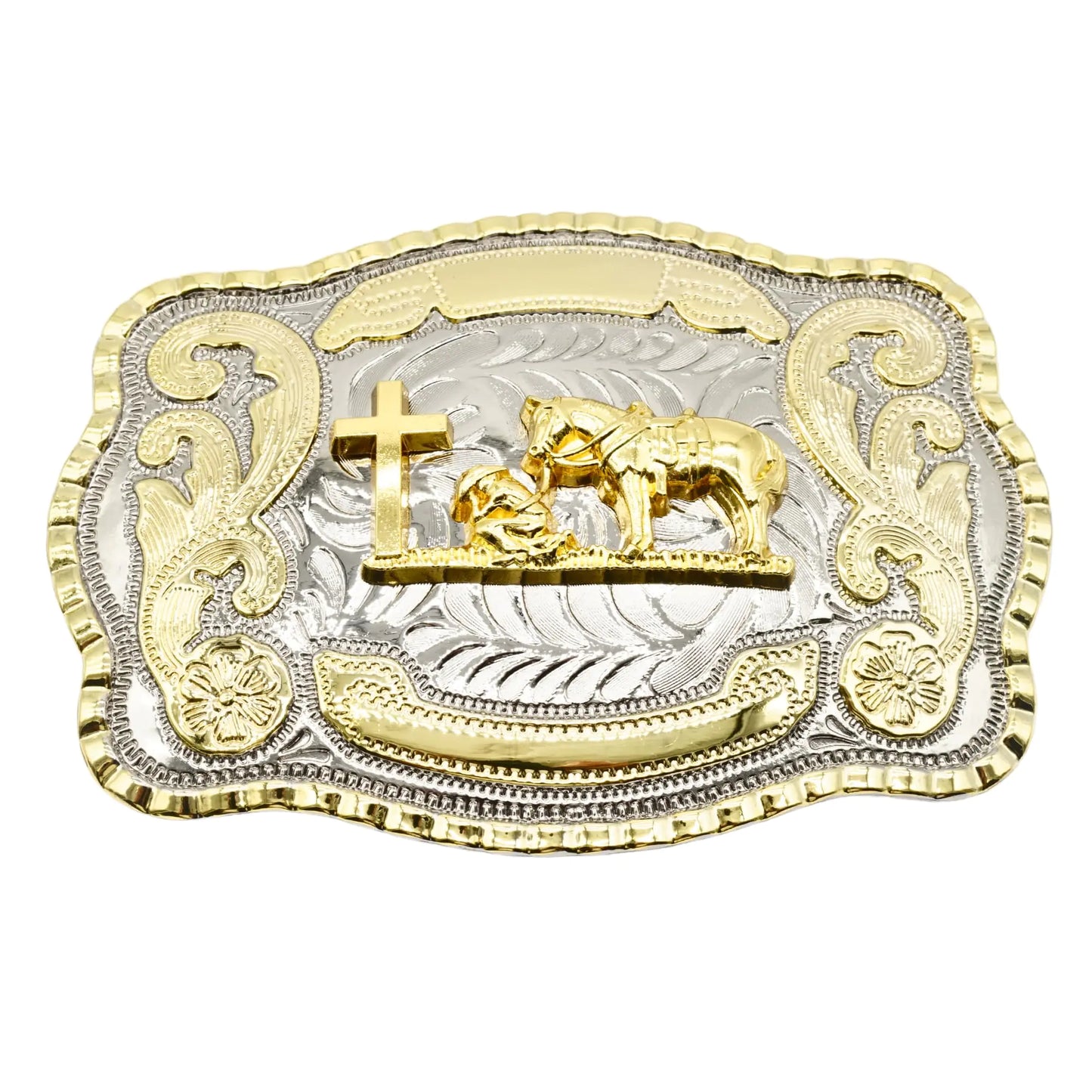 Praying Cowboy Cross Religious Faith Large Huge Rodeo Western Gold Tone Belt Buckle