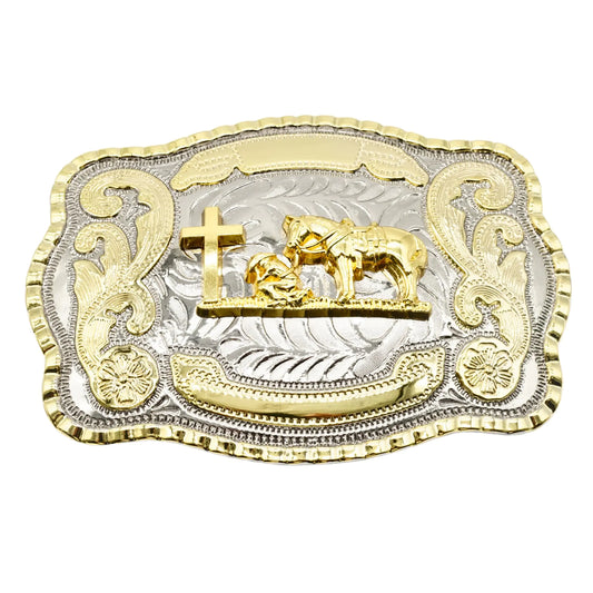 Praying Cowboy Cross Religious Faith Large Huge Rodeo Western Gold Tone Belt Buckle